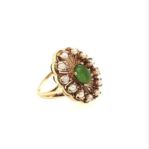 Vintage 14K Gold, Pearl & Jade Cabachon Cocktail Ring - Picture 4 of 6